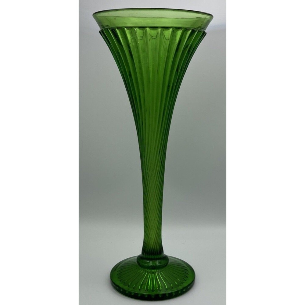 Emerald Green Ribbed Vase Long Stem on Base Wide Mouth Opening 5x11 inches